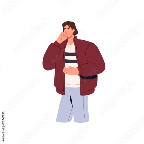 Ill man coughing, feeling unwell, covering mouth with fist, hand. Sick person suffering from scratchy itchy throat, sore and flu. Symptom of cold. Flat vector illustration isolated on white background