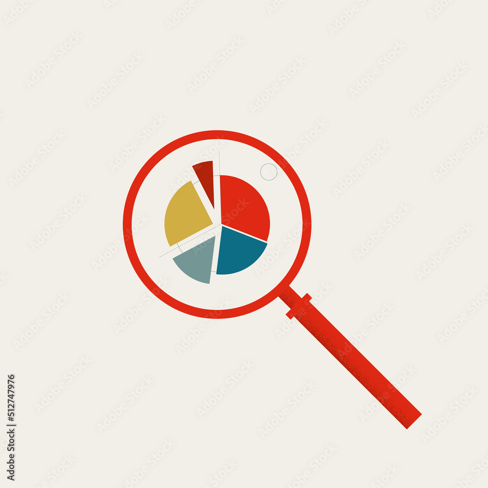 Business market analysis vector symbol. Magnifying glass with pie chart. Minimal design illustration Business market analysis vector symbol. Magnifying glass with pie chart. Minimal design illustration