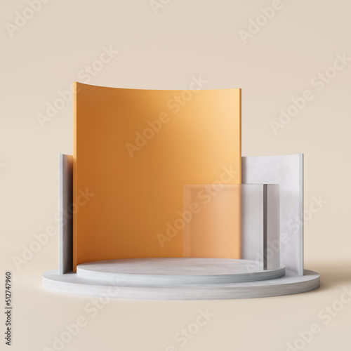 3D render. Blank steps cylinder cement podium, modern loft concrete cement curve wall and floor room. orange cream. space for your product, cosmetic product etc. 3d rendering.