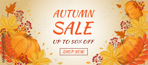 Autumn sale banner. Hello autumn. Autumn leaves, pumpkin and rowan berry.