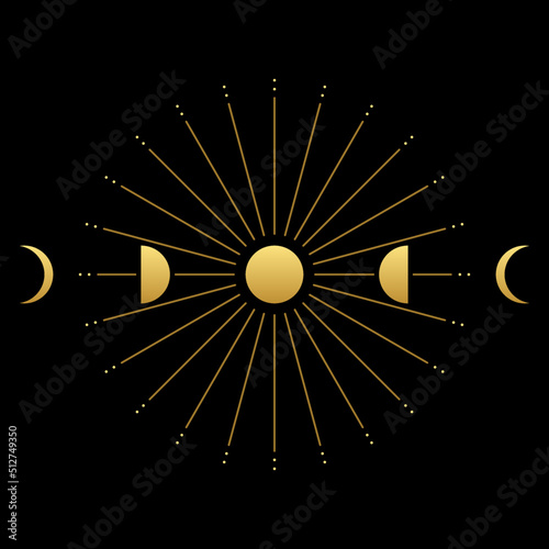 Golden mysterious moon different phases or lunar phases with moonlight on black background boho vector icon design.