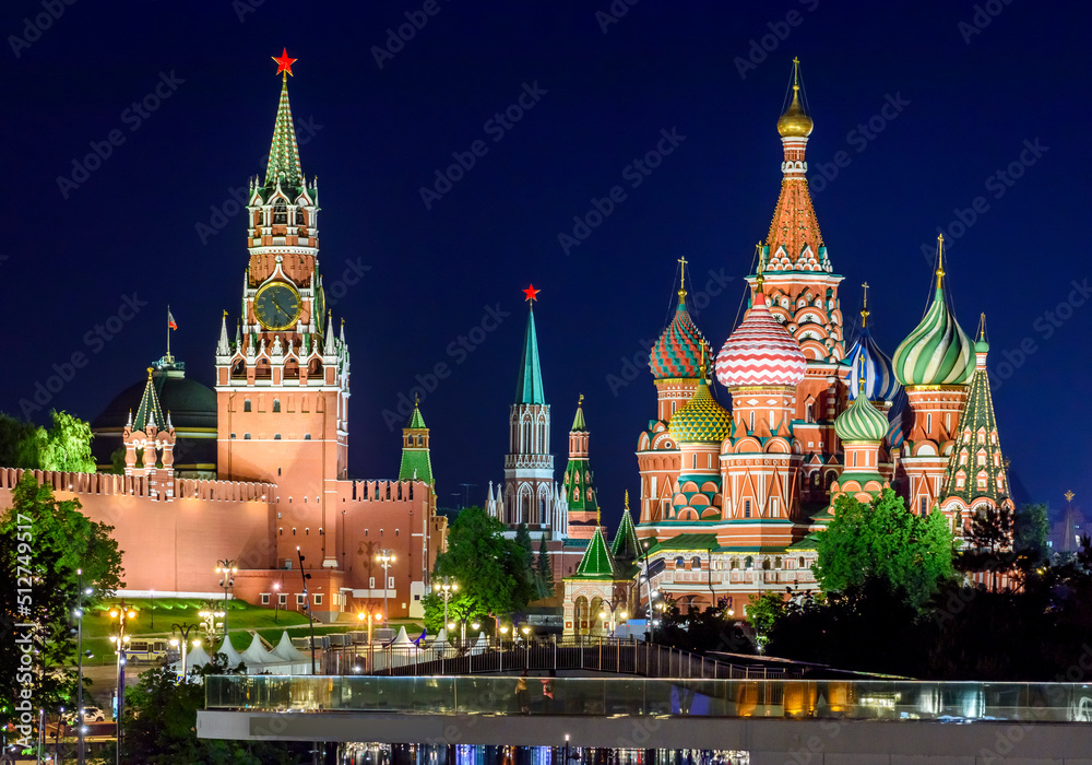 Moscow night cityscape with Cathedral of Vasily the Blessed (Saint Basil's Cathedral) and Spasskaya Tower of Moscow Kremlin on Red Square, Russia