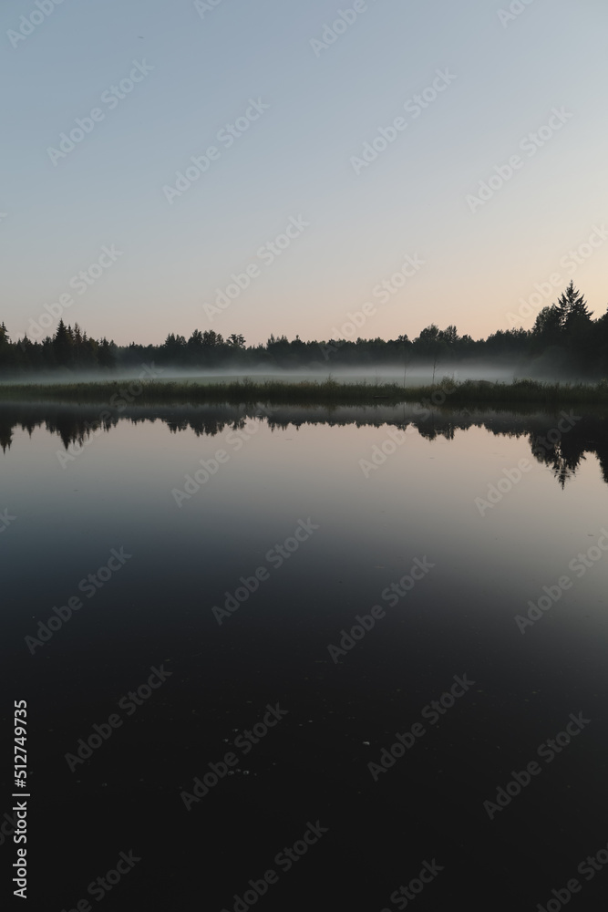 summer evening twilight view on picturesque plain lake surface with reflections of sky and trees