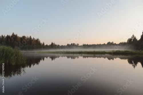 summer evening twilight view on picturesque plain lake surface with reflections of sky and trees