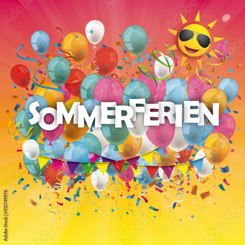 Sommerferien Tamplate mit bunten Luftballon vor einem farbigen Himmel