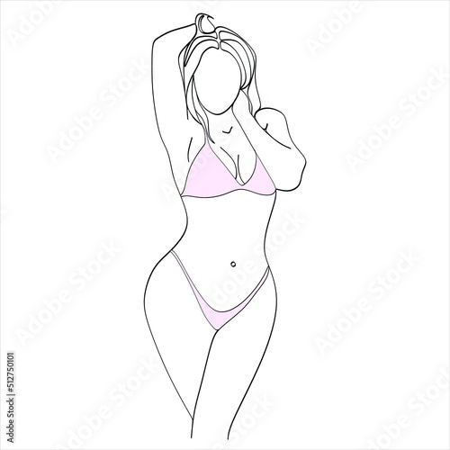 Continuous line drawing of a girl in a swimsuit. Beautiful young girl in on the beach.