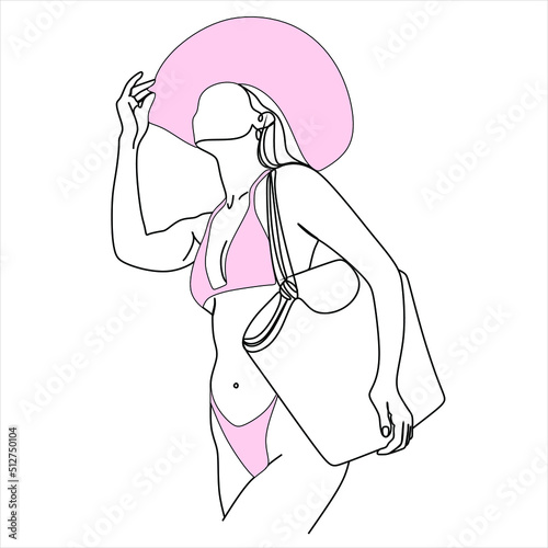 Continuous line drawing of a girl in a swimsuit. Beautiful young girl in on the beach.
