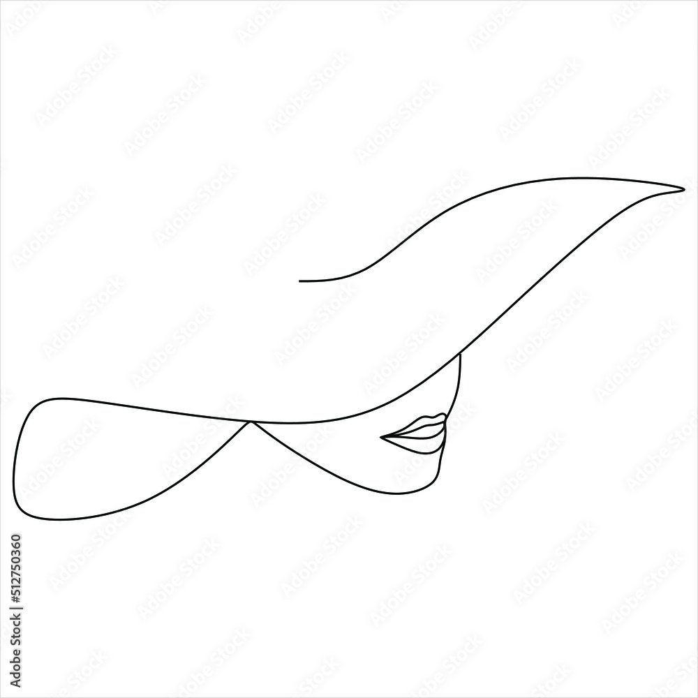 Abstract linear woman in hat. Minimal portrait. Head fashionable accessory. One line continuous. Beauty and glamour concept. Cap headgears for lady. Hand drawn vector illustration. Abstract linear woman in hat. Minimal portrait. Head fashionable accessory. One line continuous. Beauty and glamour concept. Cap headgears for lady. Hand drawn vector illustration.
