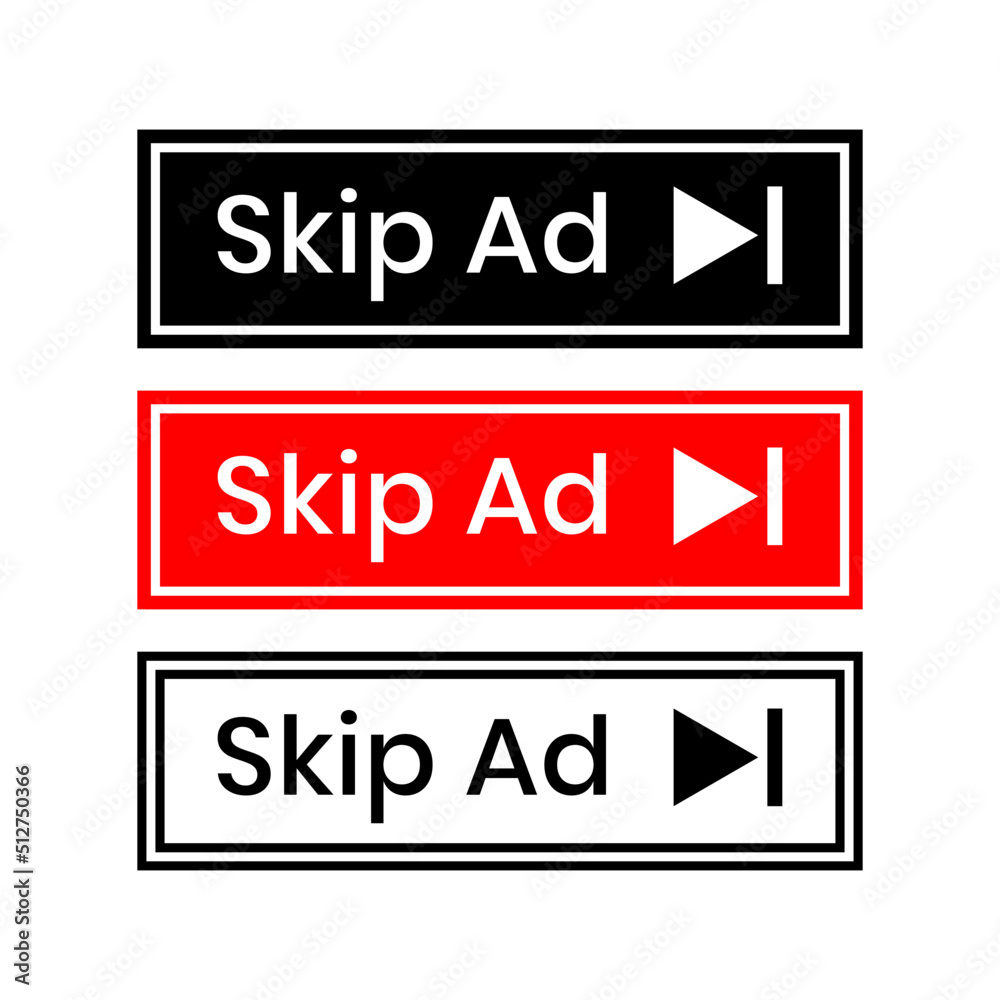 Modern rectangle skip ad button icons sign design vector collection set. Symbol for social media elements. Modern rectangle skip ad button icons sign design vector collection set. Symbol for social media elements.