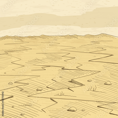 Deserted drought cracks in the ground. Wasteland view. Changing of the climate. Vector color illustration.