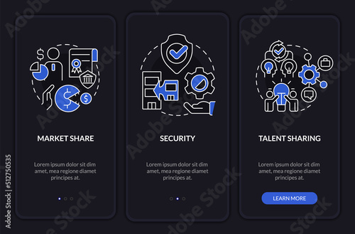 Merger objectives night mode onboarding mobile app screen. Business walkthrough 3 steps editable graphic instructions with linear concepts. UI, UX, GUI template. Myriad Pro-Bold, Regular fonts used