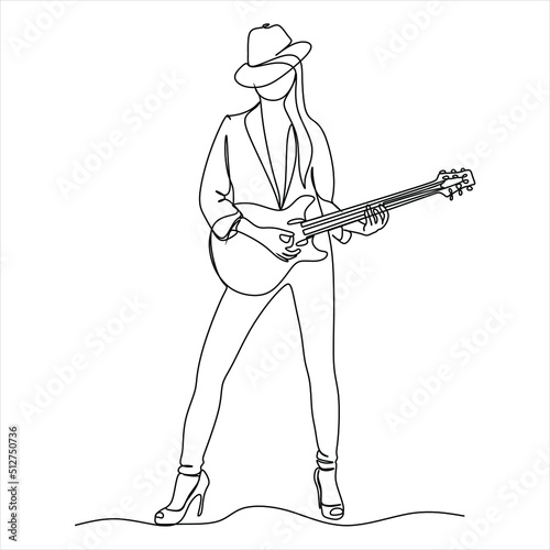 Linear drawing of a girl with a guitar. Vector illustration in musical style