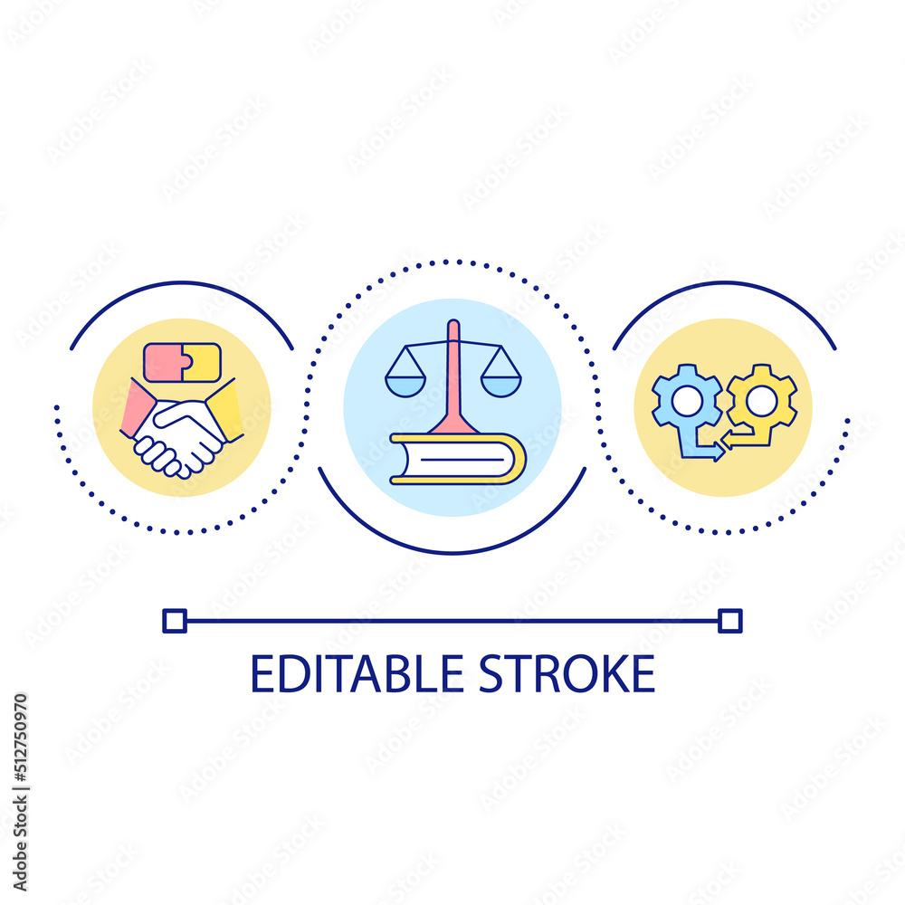 Legal cooperation loop concept icon. Business merger and integration. Consolidation abstract idea thin line illustration. Isolated outline drawing. Editable stroke. Arial font used