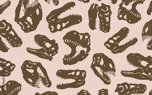 Graphical vintage stylish cover with silhouettes of tyrannosaurus skulls, vector  sepia illustration . Fashion pattern,kids template 