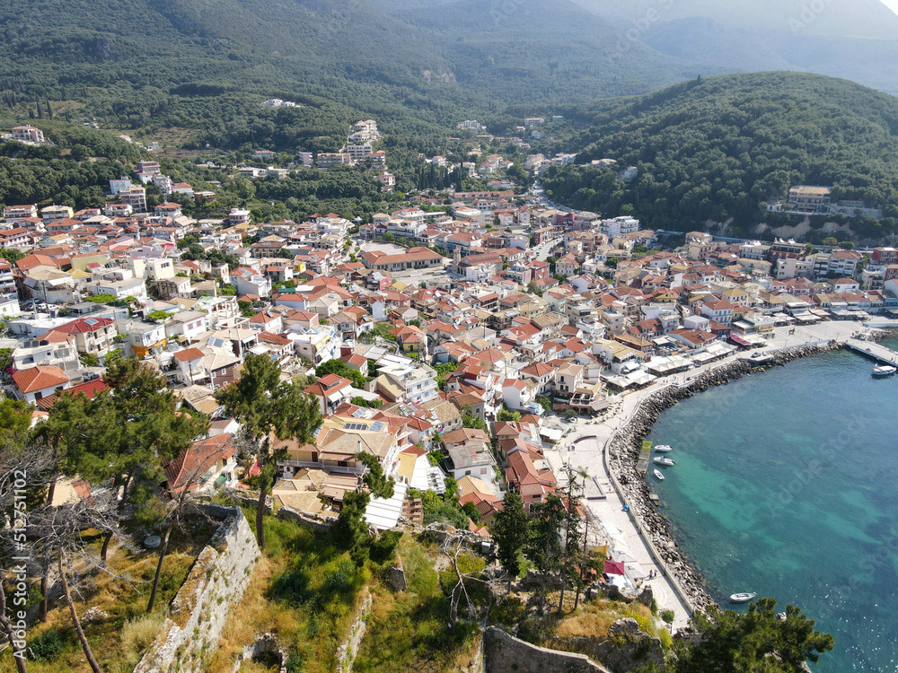 Drone view at the touristic village of Parga in Greece