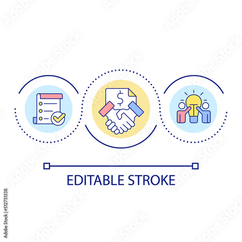 Legal deal closure loop concept icon. Contract signing. Partnership. Business merger abstract idea thin line illustration. Isolated outline drawing. Editable stroke. Arial font used