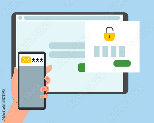 The concept of two-factor authentication security. Notification of login confirmation with a message to the phone. Smartphone in hand. Lock icons in the tablet account. Vector illustration