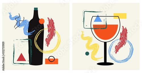 Vector illustration set with wine bottle, glass and abstract elements, geometric design. Colored poster, apparel print collection © julymilks