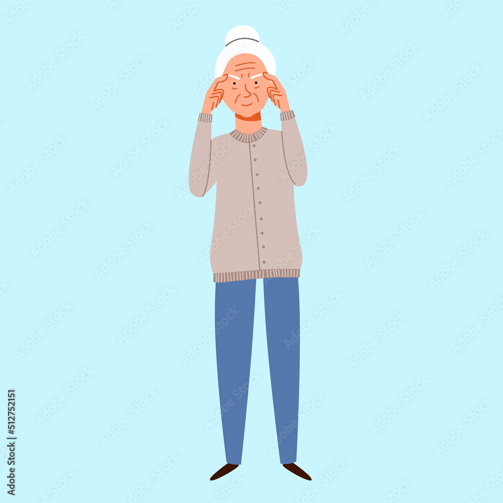 Grandma thought about it, trying to remember. An elderly character with Alzheimers disease. Vector illustration in a flat style. Grandma thought about it, trying to remember. An elderly character with Alzheimers disease. Vector illustration in a flat style.