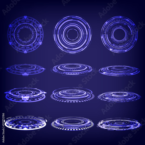 Sci-fi technology stage collection in glowing HUD. Magic warp gate in game fantasy. Circle teleport podium. Rays, GUI, UI virtual reality users. Hologram portal set of user interface. Product showing
