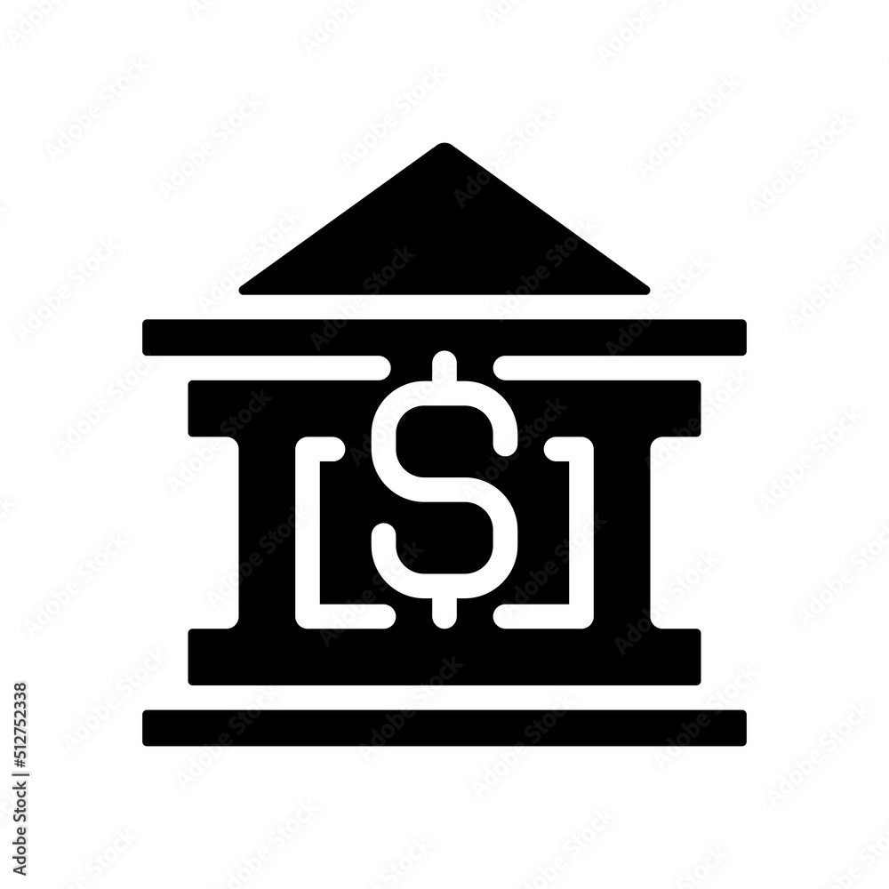 Bank building black glyph icon. Financing business. Borrow money. Personal loans. Financial institution. Cash needs. Silhouette symbol on white space. Solid pictogram. Vector isolated illustration Bank building black glyph icon. Financing business. Borrow money. Personal loans. Financial institution. Cash needs. Silhouette symbol on white space. Solid pictogram. Vector isolated illustration