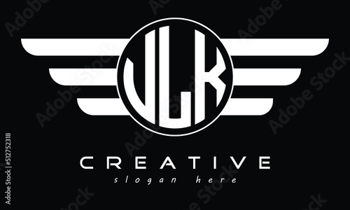 VLK three letter circle with wings logo design vector template. wordmark logo | emblem logo | monogram logo | initial letter logo | typography logo | business logo | minimalist logo |	