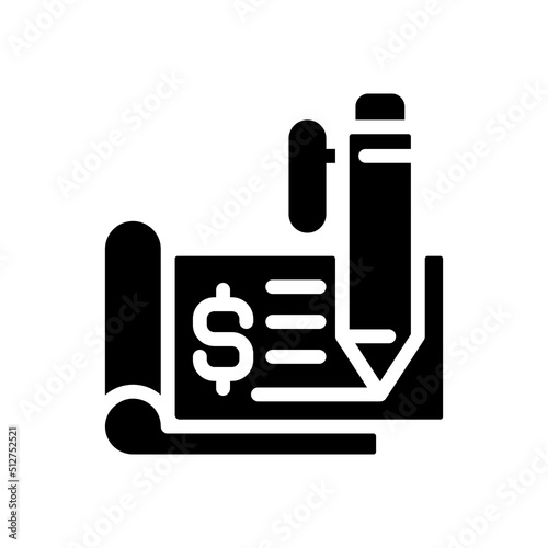 Chequebook black glyph icon. Cheque leaf. Financial document. Negotiable instrument. Cheque book order. Banking service. Silhouette symbol on white space. Solid pictogram. Vector isolated illustration