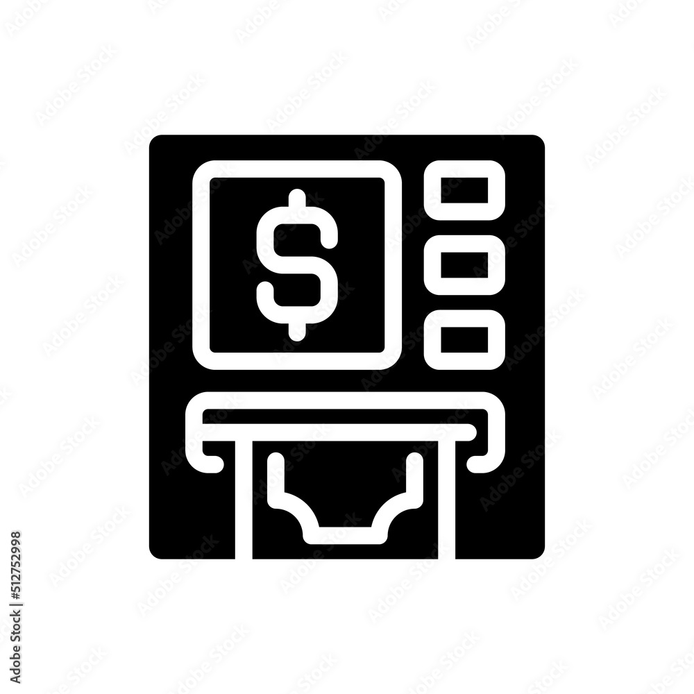 ATM black glyph icon. Automated teller machine. Withdrawing cash. Financial transactions. Computerized device. Silhouette symbol on white space. Solid pictogram. Vector isolated illustration ATM black glyph icon. Automated teller machine. Withdrawing cash. Financial transactions. Computerized device. Silhouette symbol on white space. Solid pictogram. Vector isolated illustration