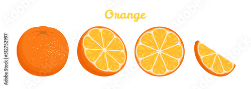 Orange in flat style. Orange slices, half and whole fruit. Green citrus fruit isolated vector illustration set. Juicy, juice vitamin and organic.