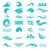 Set, collection of blue water, aqua, ocean, wave icons, signs, logos. Water liquid curve designs elements. Vector illustration. Blue swirl signs, symbols for your design