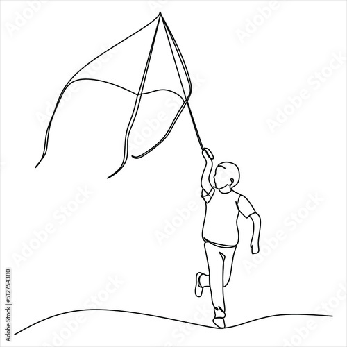 One single line drawing of happy young teenager girl playing to fly kite up into the sky at outdoor field in summer time. Freedom and passion creative theme hand-drawn minimalist design