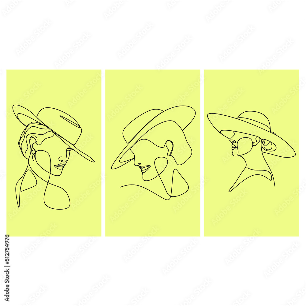 Collection of continuous one line drawings of women in a hat. Line style