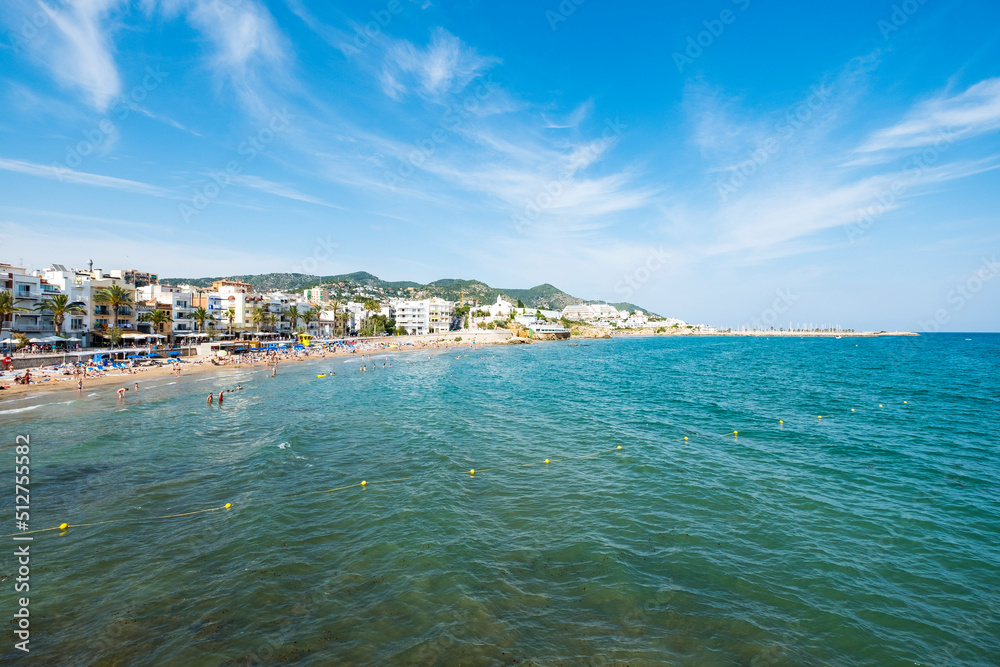 San Sebastian beach, on the coast of Sitges in the province of Barcelona in Catalonia, Spain