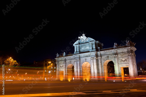 The famous Puerta de Alcala at night in the city of Madrid capital of Spain