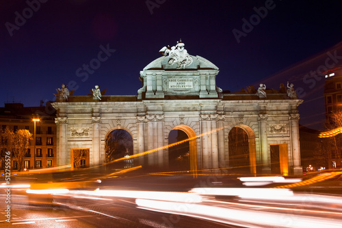 The famous Puerta de Alcala at night in the city of Madrid capital of Spain