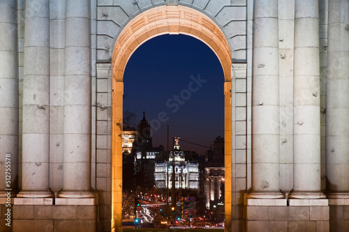 The famous Puerta de Alcala at night in the city of Madrid capital of Spain