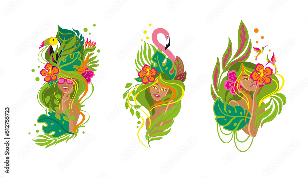 Obraz premium Beautiful girls in tropical surroundings. Vector illustration for beauty and fashion industry. 