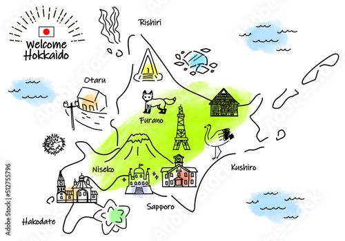 Plakat 手描きの北海道地図と観光地のシンプル線画イラスト Hokkaido Mapa Atrakcyjnosc Turystyczna Fototapety Foteks