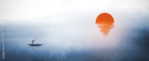 Ink painting of blue misty landscape with big red rising sun and fisherman in a boat. Traditional oriental ink painting sumi-e, u-sin, go-hua.