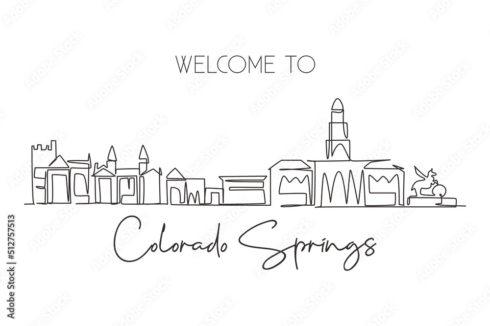 Single continuous line drawing of Colorado Springs city skyline, United States. Famous city for wall decor print. World travel concept. Editable stroke modern one line draw design vector illustration