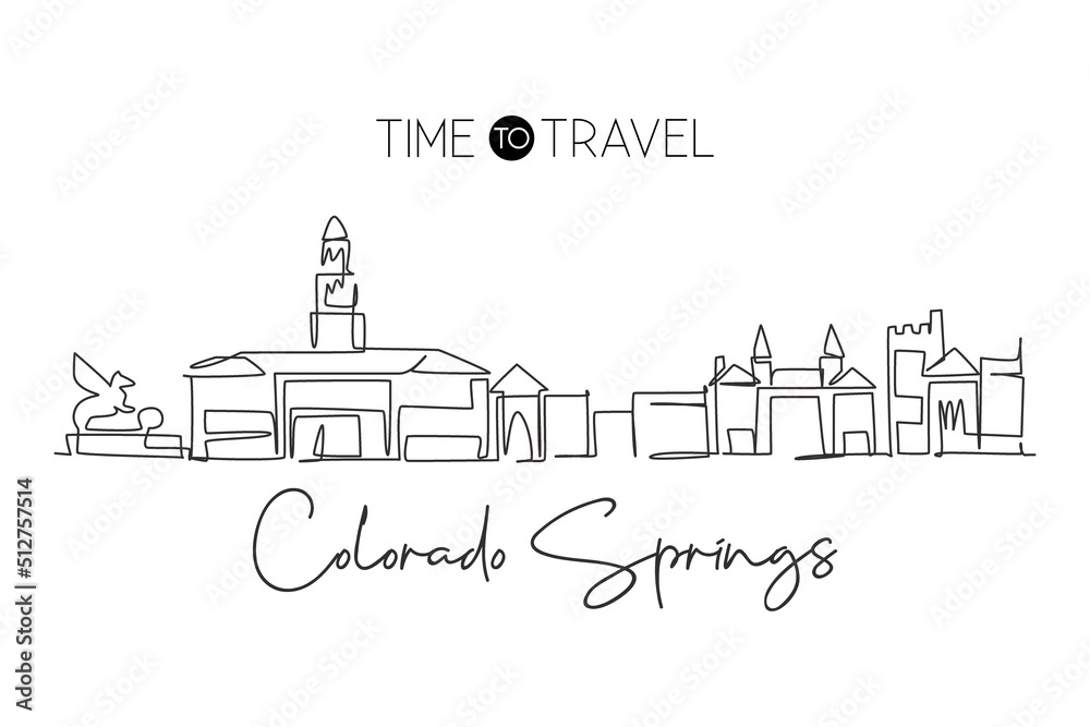 One single line drawing of Colorado Springs city skyline, USA. Town landscape for home wall decor poster. Best holiday destination. Trendy continuous line draw graphic design vector illustration