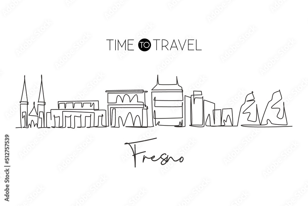 One single line drawing of Fresno city skyline, California. Town landscape for home wall decor poster. Best holiday destination. Trendy continuous line draw graphic design vector illustration
