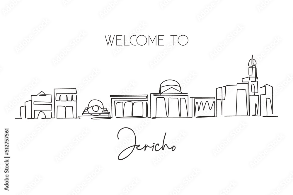 One continuous line drawing of Jericho city skyline, Palestine. World beautiful landscape tourism and travel vacation for wall decor print. Stylish single line draw graphic design vector illustration