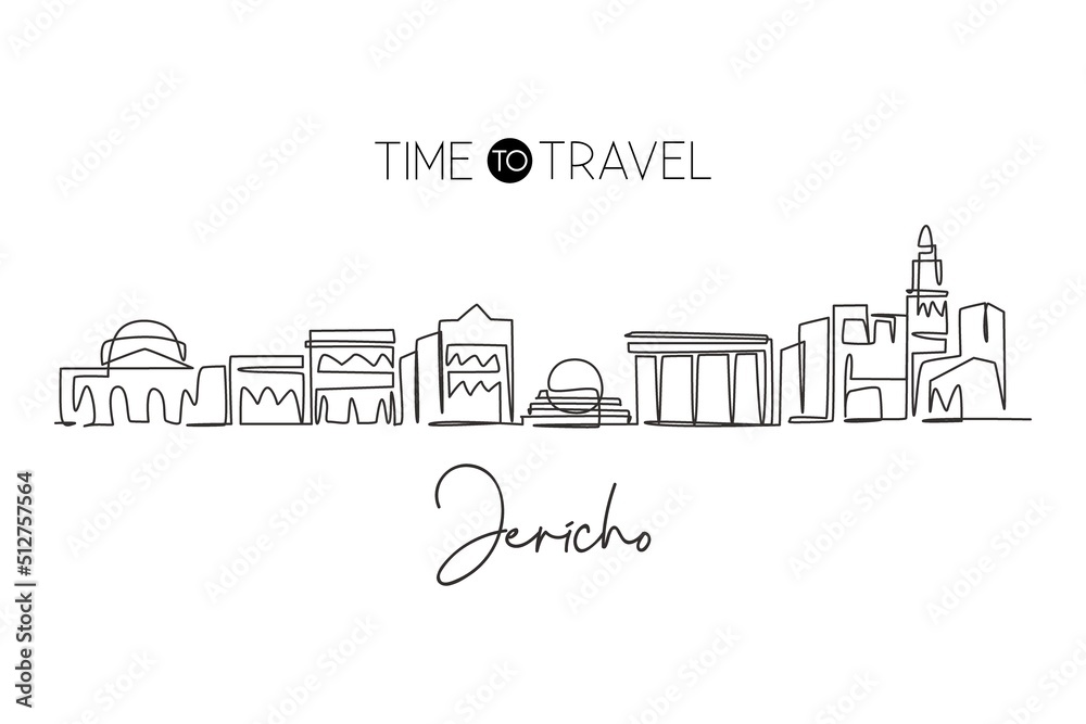 One single line drawing of Jericho city skyline, Palestine. Town landscape for home wall decor poster. Best holiday destination. Trendy continuous line draw graphic design vector illustration