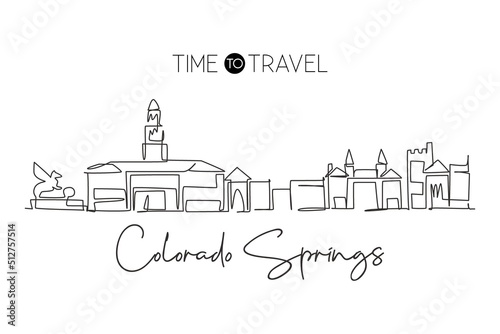One single line drawing of Colorado Springs city skyline, USA. Town landscape for home wall decor poster. Best holiday destination. Trendy continuous line draw graphic design vector illustration