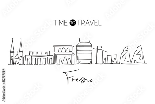 One single line drawing of Fresno city skyline, California. Town landscape for home wall decor poster. Best holiday destination. Trendy continuous line draw graphic design vector illustration