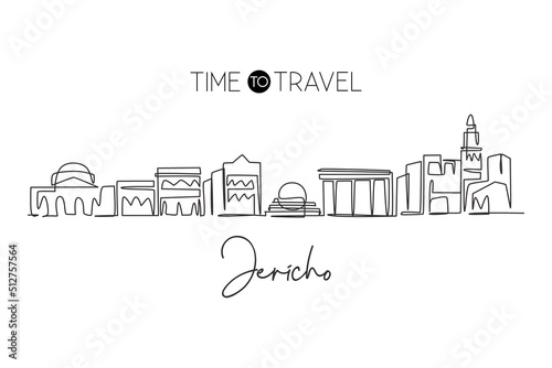 One single line drawing of Jericho city skyline, Palestine. Town landscape for home wall decor poster. Best holiday destination. Trendy continuous line draw graphic design vector illustration