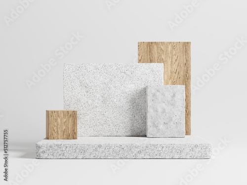 Fototapeta Naklejka Na Ścianę i Meble -  3d brick display podium with wood block against white background. 3d rendering of realistic presentation for product advertising. 3d minimal illustration.