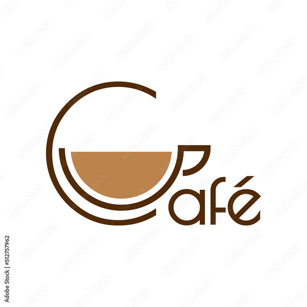Banner con texto Café en español con letra inicial C con silueta de taza de café. Logotipo Coffee Shop. Vector con líneas en color marrón Banner con texto Café en español con letra inicial C con silueta de taza de café. Logotipo Coffee Shop. Vector con líneas en color marrón