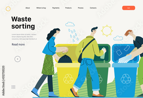 Ecology - Waste sorting -Modern flat vector concept illustration of a young man putting a paper journals into the garbage container for paper waste. Creative landing web page template